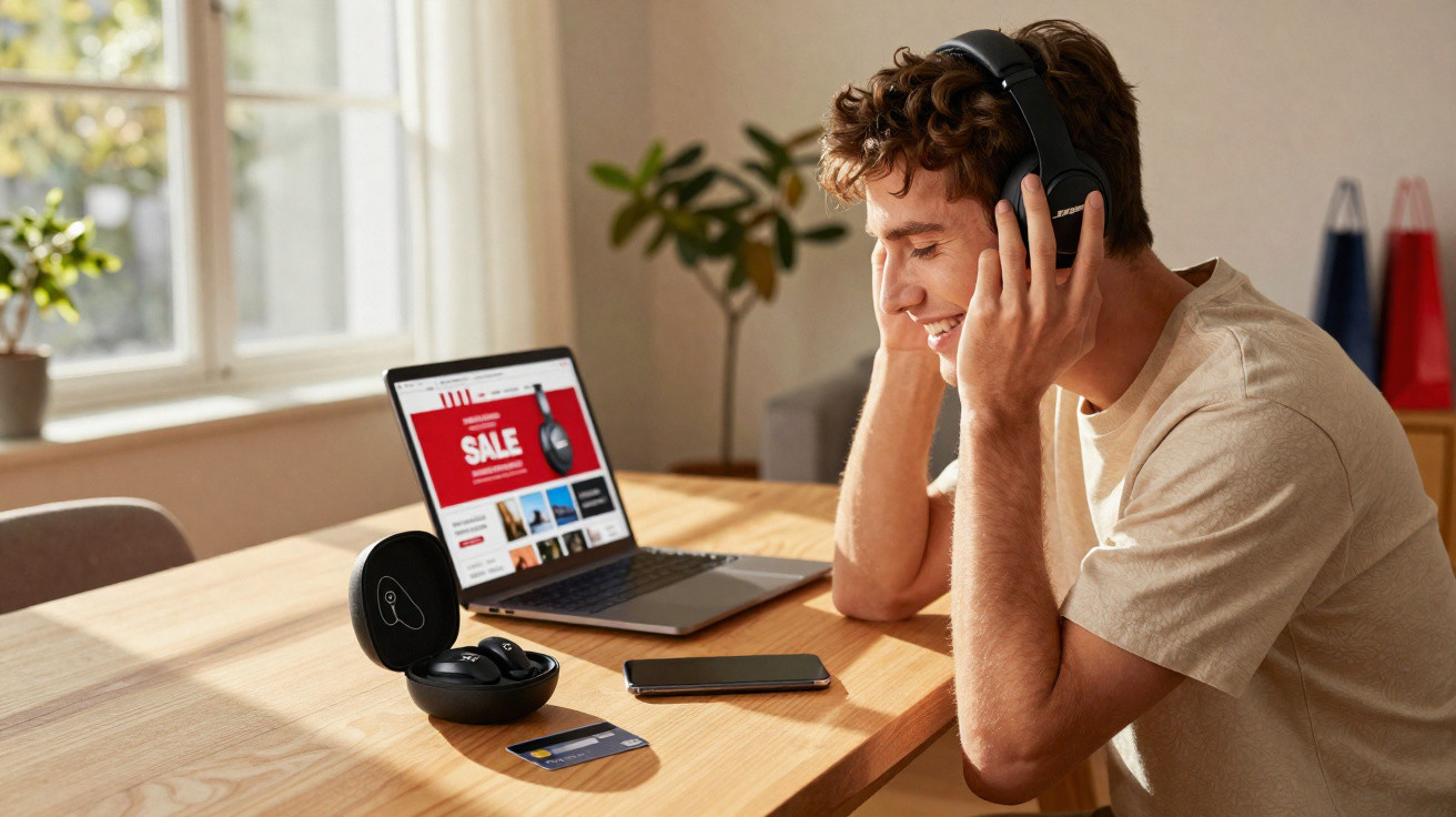 Homem sorrindo usando fones de ouvido em mesa com laptop, smartphone, cartão e caixa de fones.