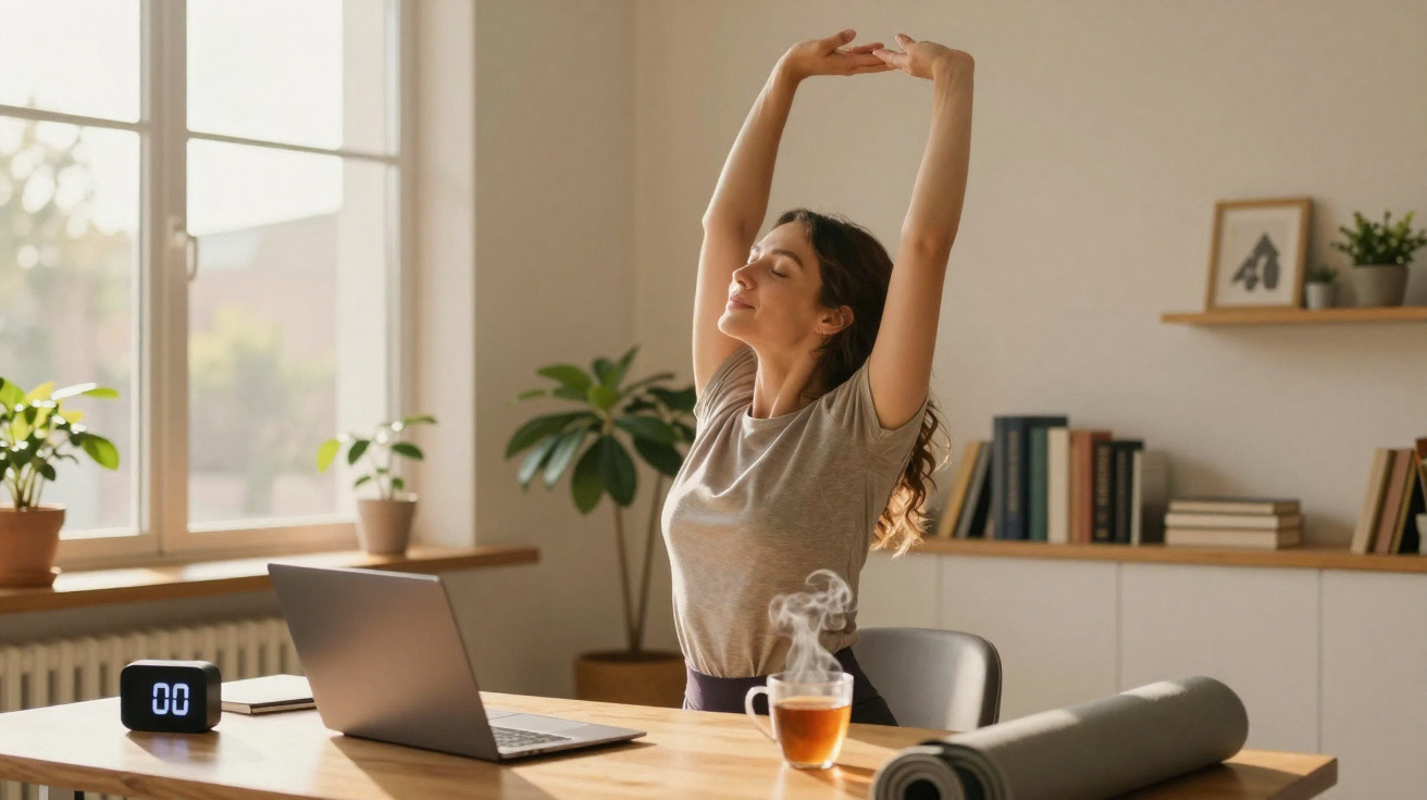 Mulher esticando os braços enquanto trabalha em escritório com laptop, chá quente e tapete de yoga à mesa.