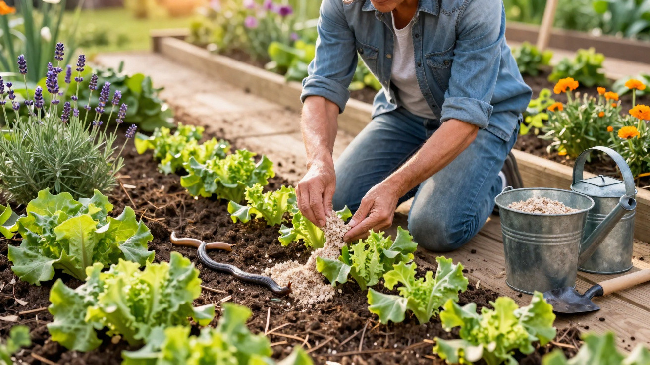 Pessoa plantando alface em horta, com regador, pás e terra ao redor, em ambiente ensolarado.