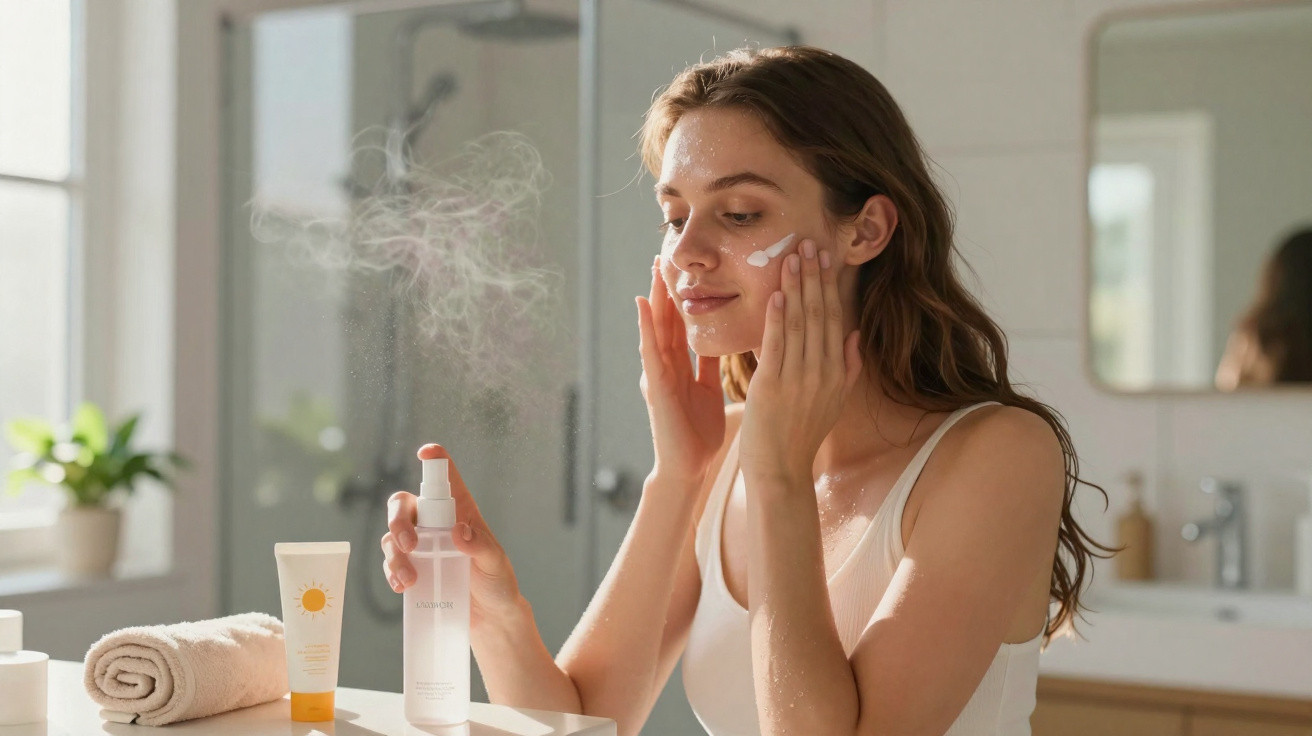 Mulher aplicando spray facial e hidratante em ambiente iluminado e banheiro ao fundo.