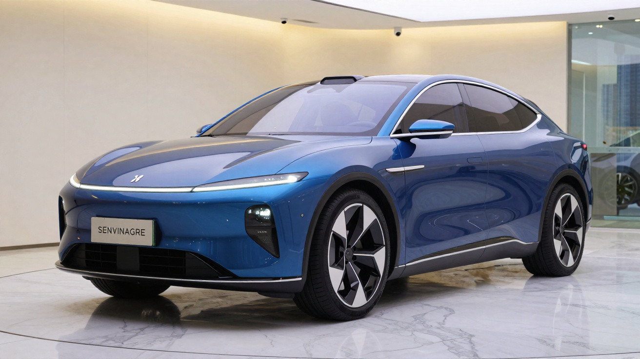 Carro elétrico azul moderno em exposição interna com design aerodinâmico e rodas esportivas.