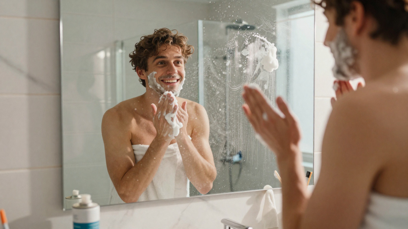 Homem sorridente aplicando espuma de barbear no rosto em frente ao espelho no banheiro.