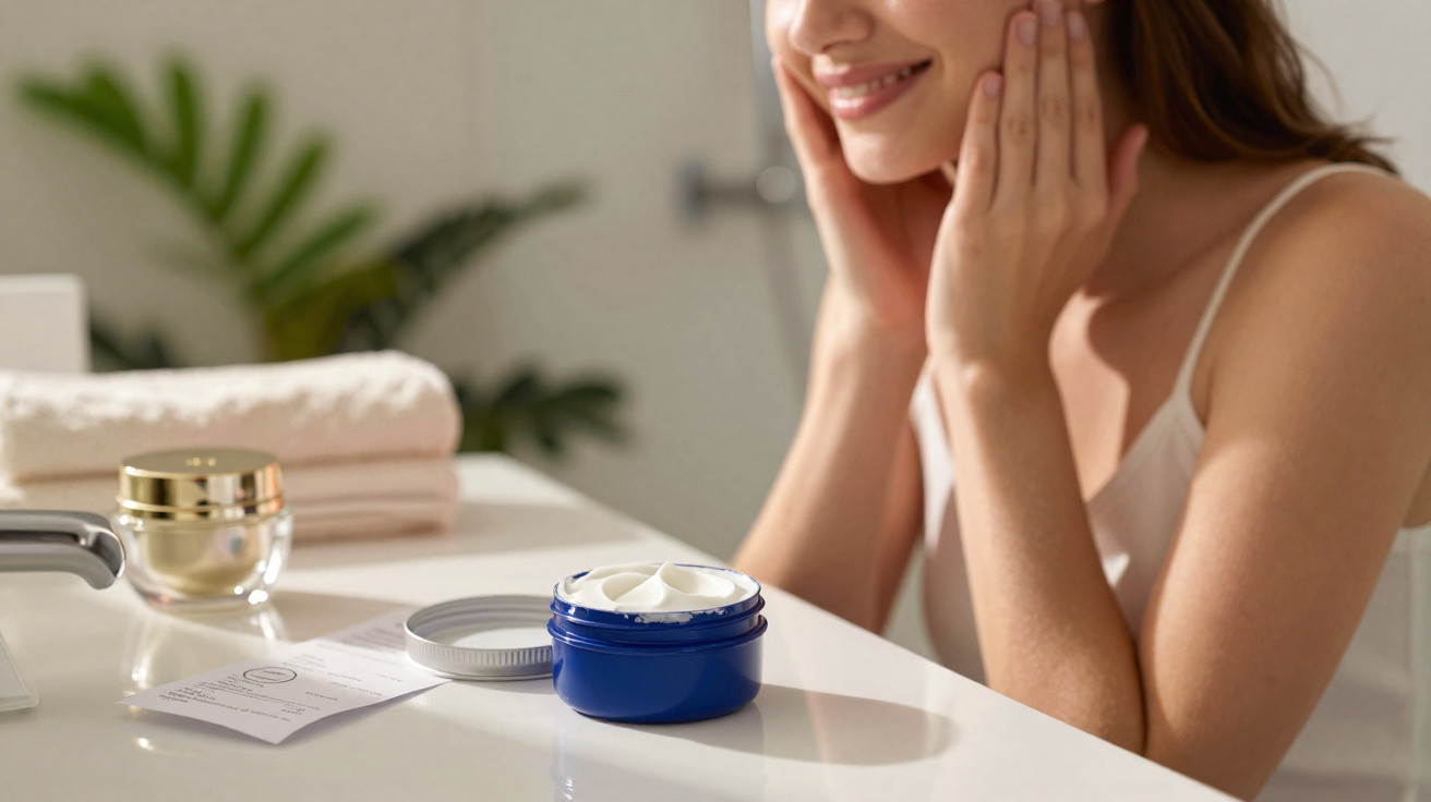 Mulher sorrindo aplicando creme facial em banheiro com frasco azul em foco na bancada branca.