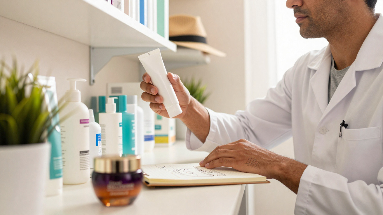 Homem de jaleco branco examina embalagem de creme sentado em mesa com produtos cosméticos e caderno.