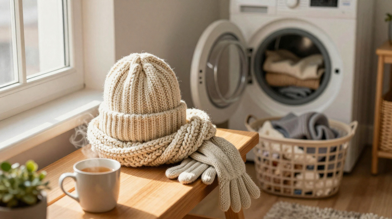 Conjunto de inverno em tricô sobre banco de madeira, com máquina de lavar e cesta de roupas ao fundo.
