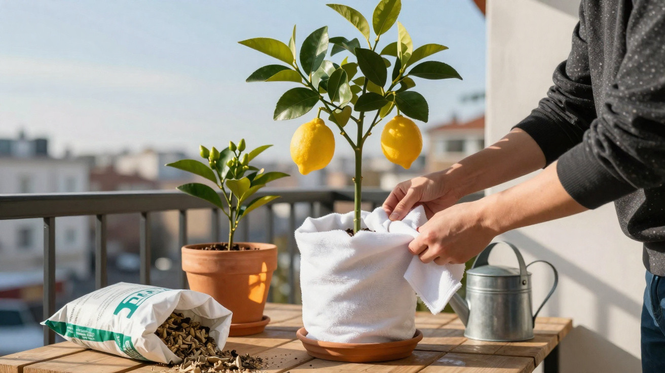 Pessoa cuidando de planta de limão em vaso coberto com pano branco em varanda ensolarada.