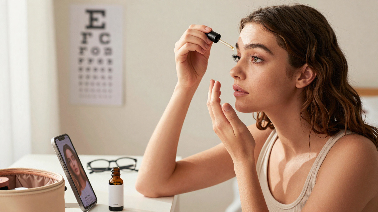 Mulher aplicando colírio nos olhos sentada à mesa com celular, óculos e tabela de teste visual ao fundo.