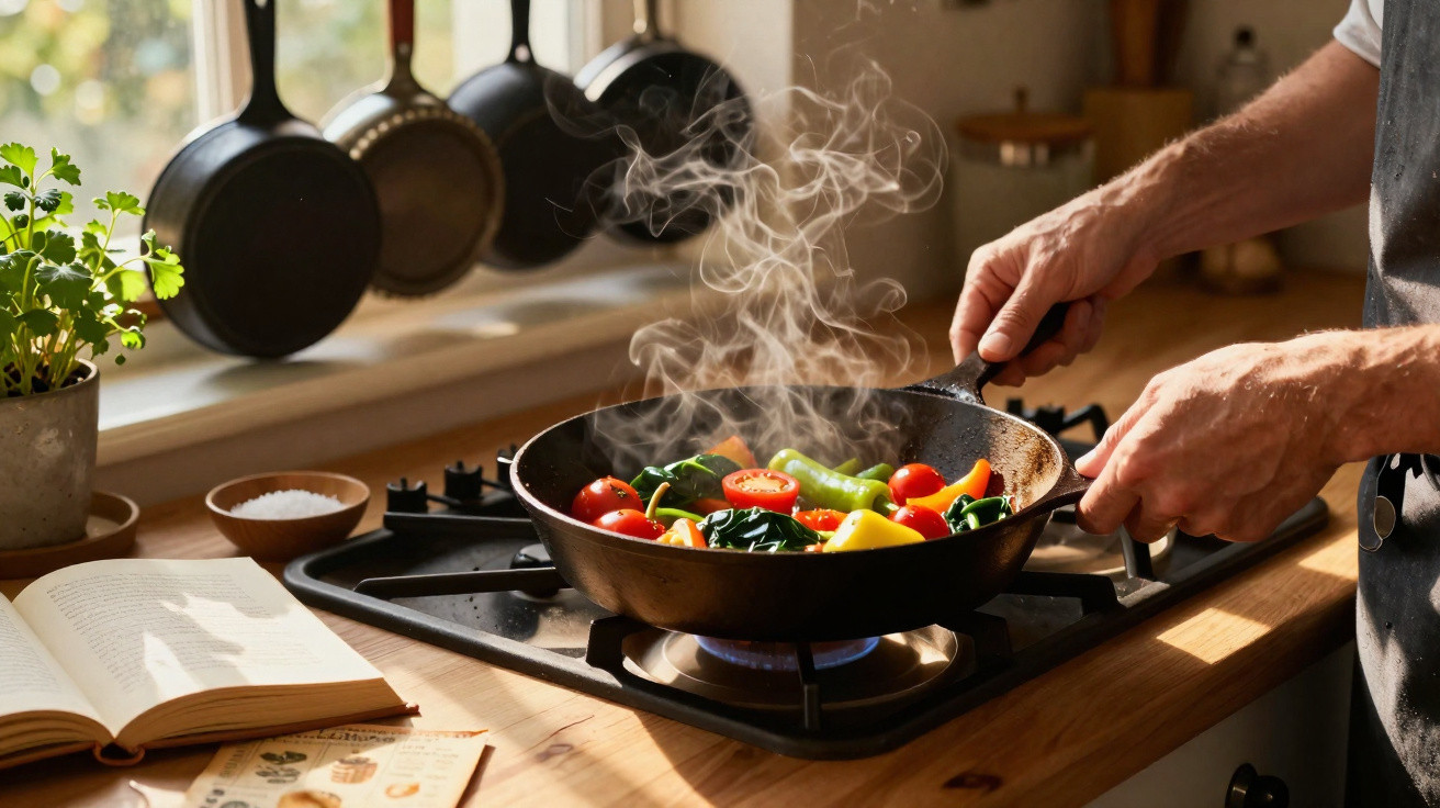 Pessoa mexendo legumes coloridos em frigideira quente em fogão de cozinha com livros e panelas ao fundo.