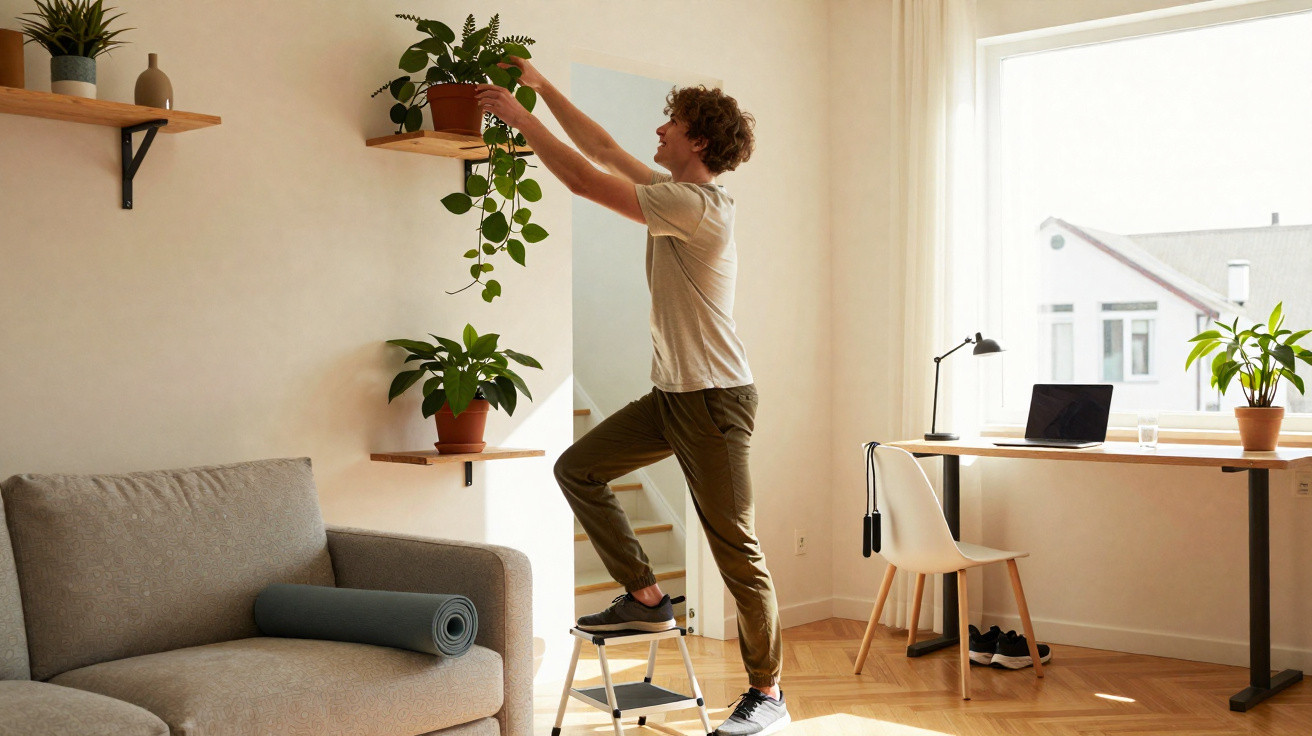 Jovem arruma planta em prateleira usando banquinho em sala com sofá, mesa e computador perto da janela.