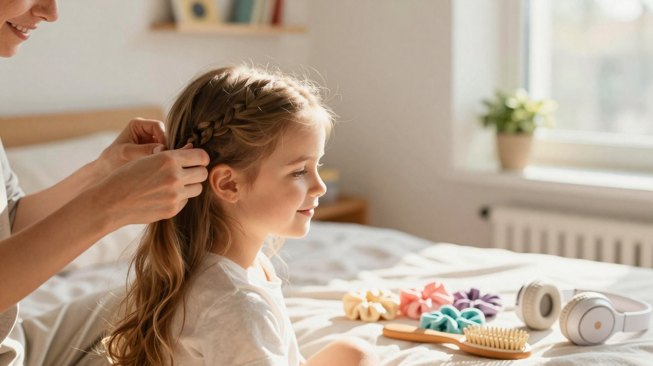 Mulher faz trança no cabelo de menina sentada na cama com acessórios de cabelo ao lado.
