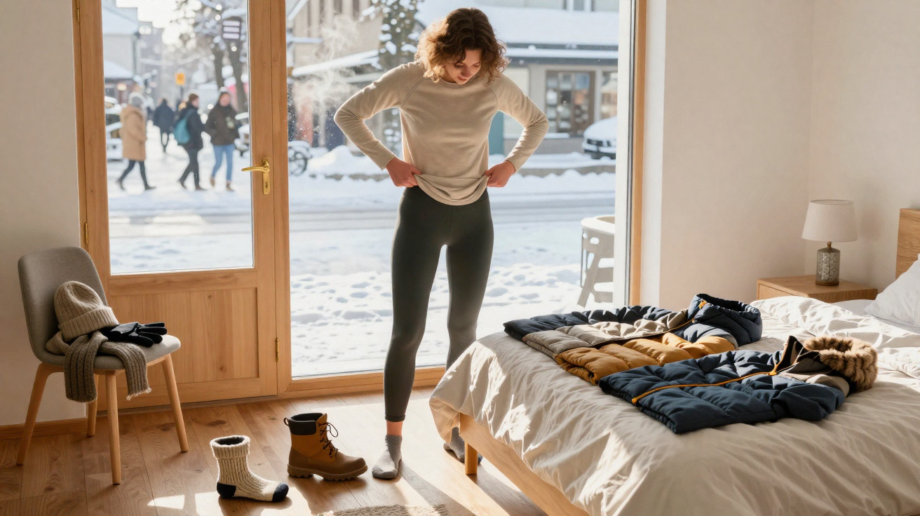 Mulher se veste em quarto iluminado com roupas de inverno e neve vista pela janela.