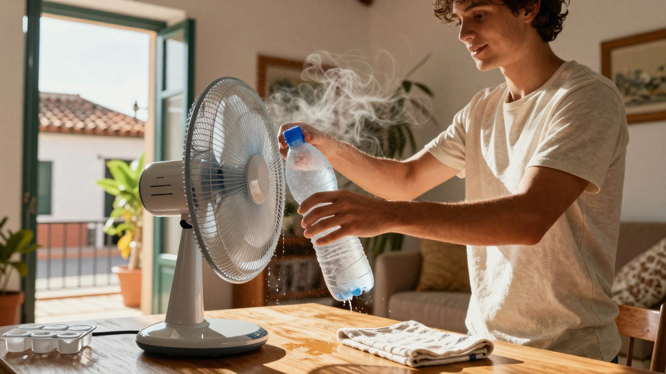 Homem borrifando água gelada de garrafa para ventilador em ambiente iluminado pela luz natural.