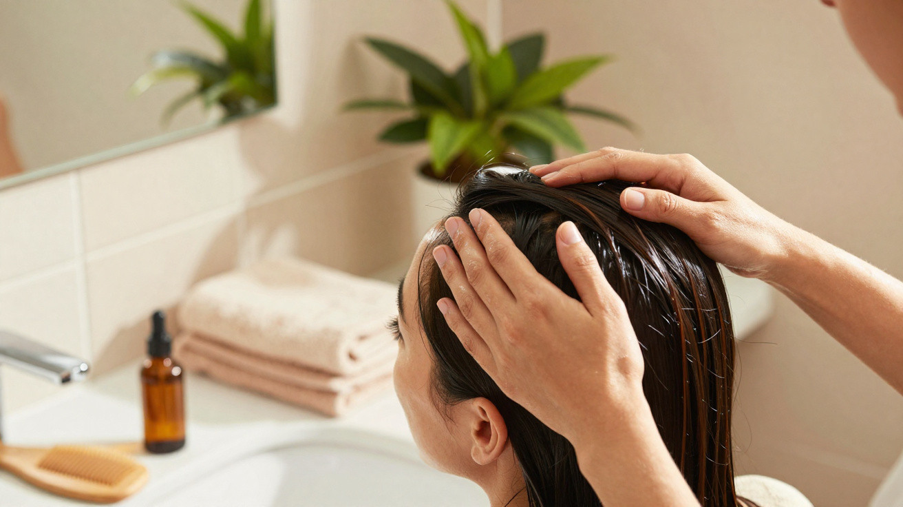 Pessoa aplicando óleo capilar com as mãos em cabelo molhado no banheiro, com plantas ao fundo.
