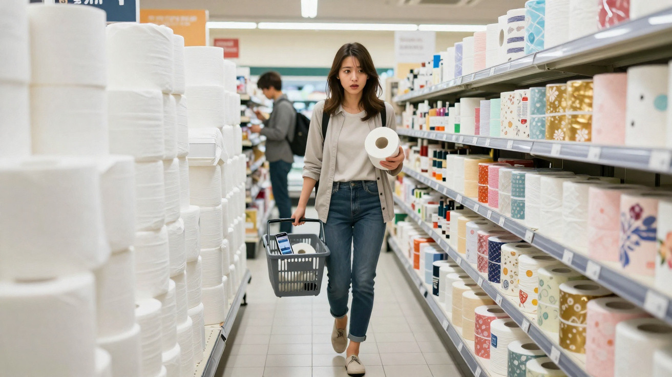 Mulher jovem fazendo compras em corredor de supermercado com intenso estoque de papel higiênico.