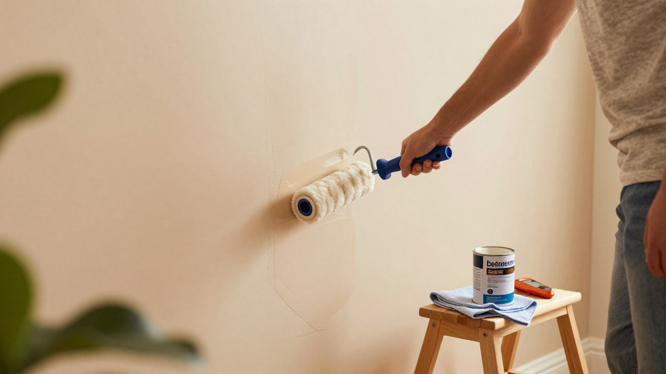 Pessoa pintando uma parede bege com rolo de pintura, lata de tinta e banco ao lado.