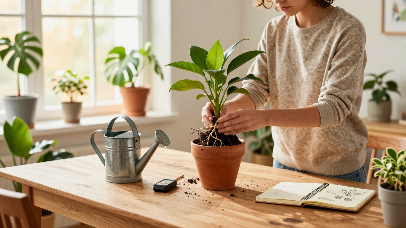 Pessoa transplantando planta em vaso de barro sobre mesa com regador e caderno de anotações.