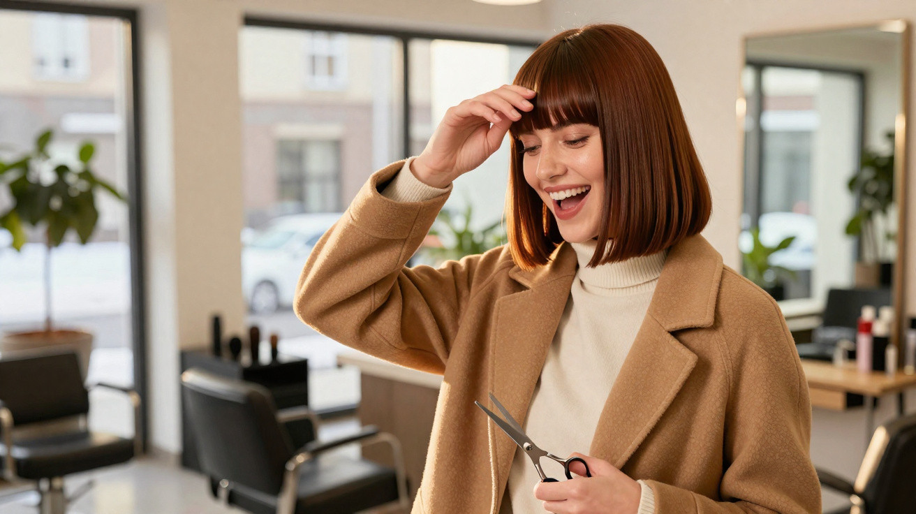 Mulher sorridente com cabelo curto ruivo e casaco bege segura tesoura em salão de beleza moderno.
