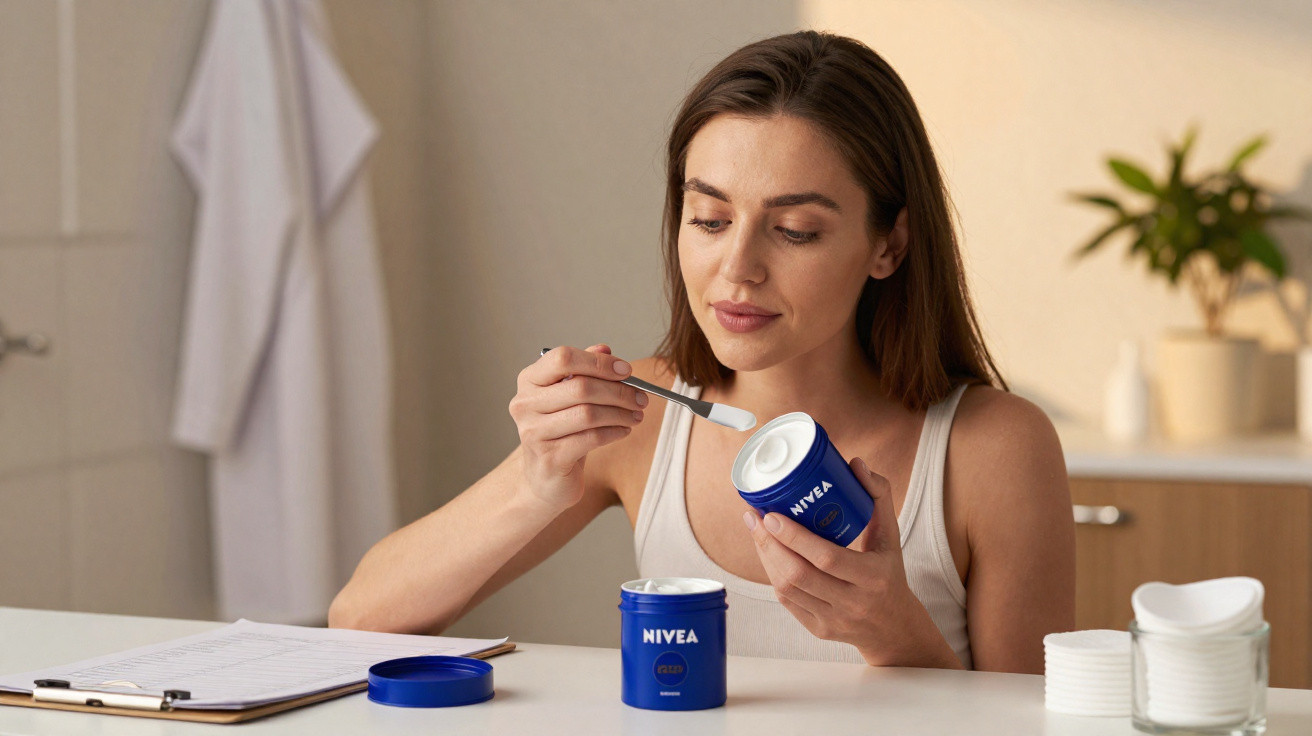 Mulher passando creme Nivea com espátula, sentada à mesa com prancheta e algodões ao lado.