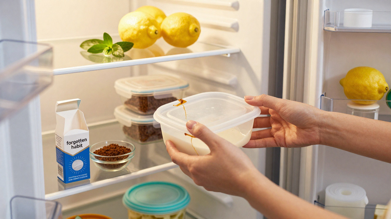 Mãos segurando pote plástico com comida dentro de geladeira com limões e outros recipientes.