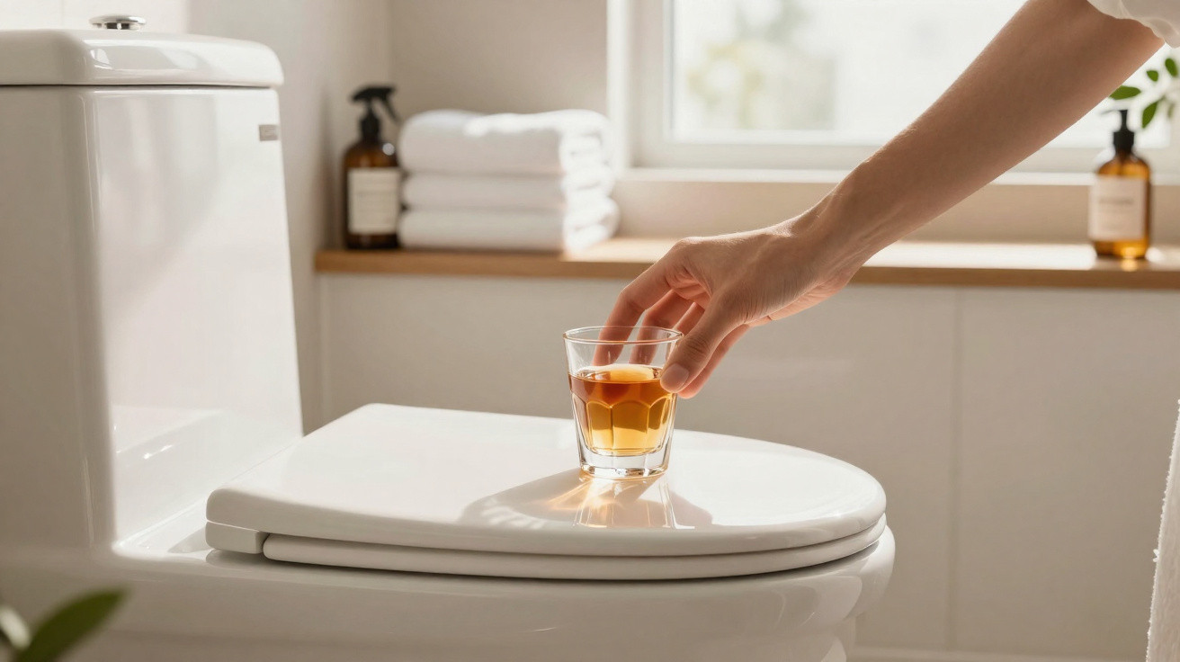 Mão colocando copo com líquido âmbar sobre tampa de vaso sanitário em banheiro claro e organizado.