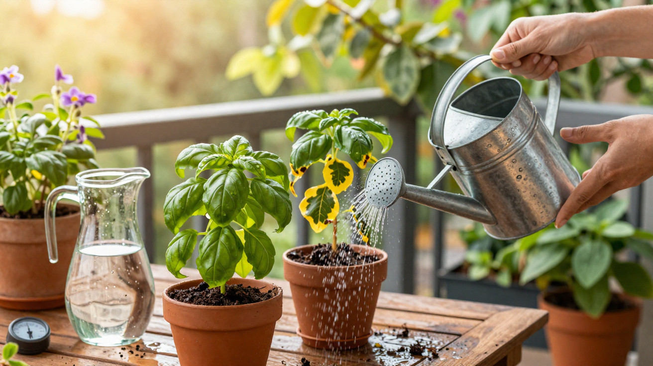 Pessoa regando plantas em vasos de cerâmica em mesa de madeira numa varanda iluminada pelo sol.