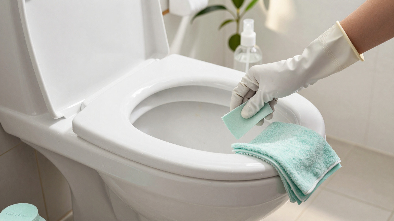 Pessoa com luva branca limpando vaso sanitário branco com esponja e pano verde claro em banheiro iluminado