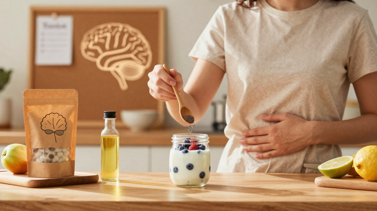 Pessoa adicionando sementes a um pote com iogurte e frutas em cozinha, com alimentos ao redor.