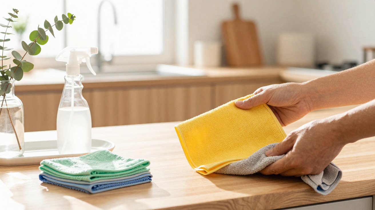 Pessoas limpando superfície de madeira com pano amarelo em cozinha clara e organizada.