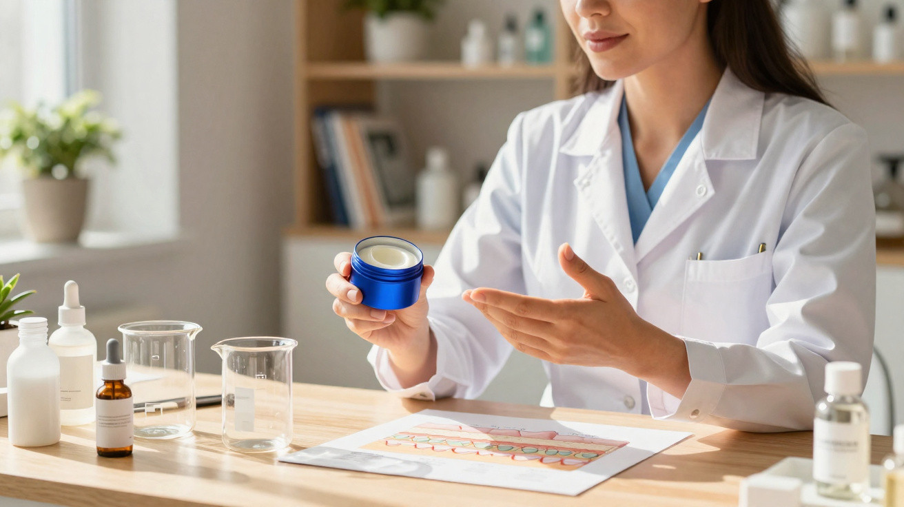 Mulher vestindo jaleco branco segurando pote azul de creme em laboratório de cosméticos.