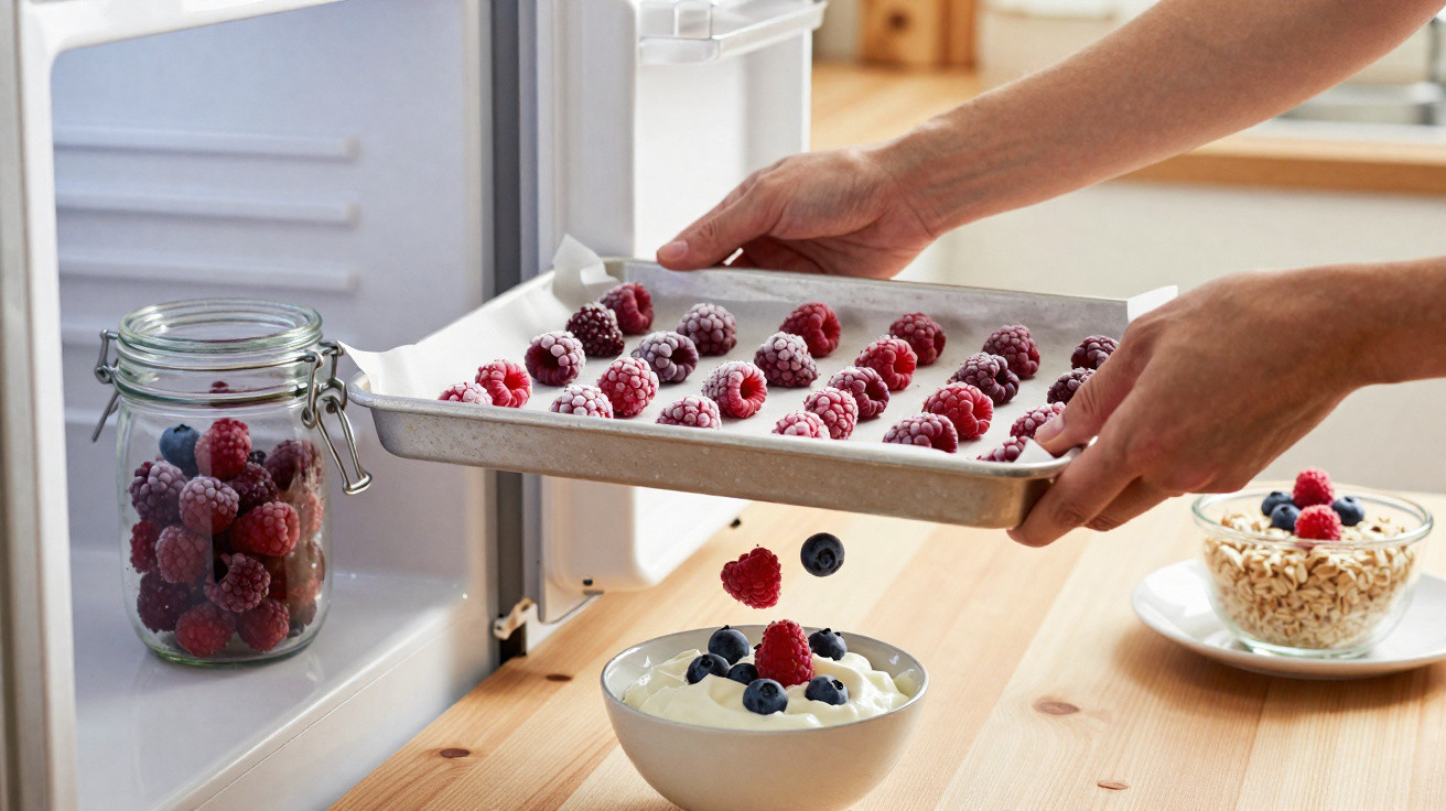 Mãos retirando bandeja com frutas vermelhas congeladas do freezer para um bowl com iogurte e frutas.