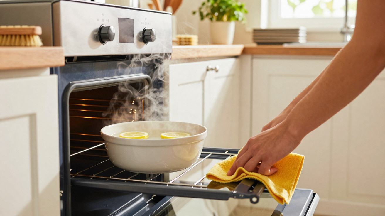 Fogão aberto com panela branca fumegante e limões dentro, mão segurando pano amarelo na cozinha.