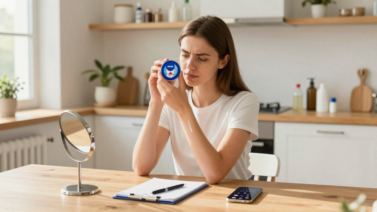 Mulher olhando com expressão séria para pote de creme facial em cozinha com espelho e celular na mesa.