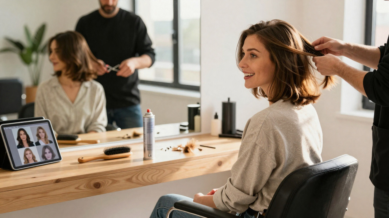 Mulher sorrindo enquanto cabeleireiro corta seu cabelo em salão com espelho e tablet exibindo opções de penteados.