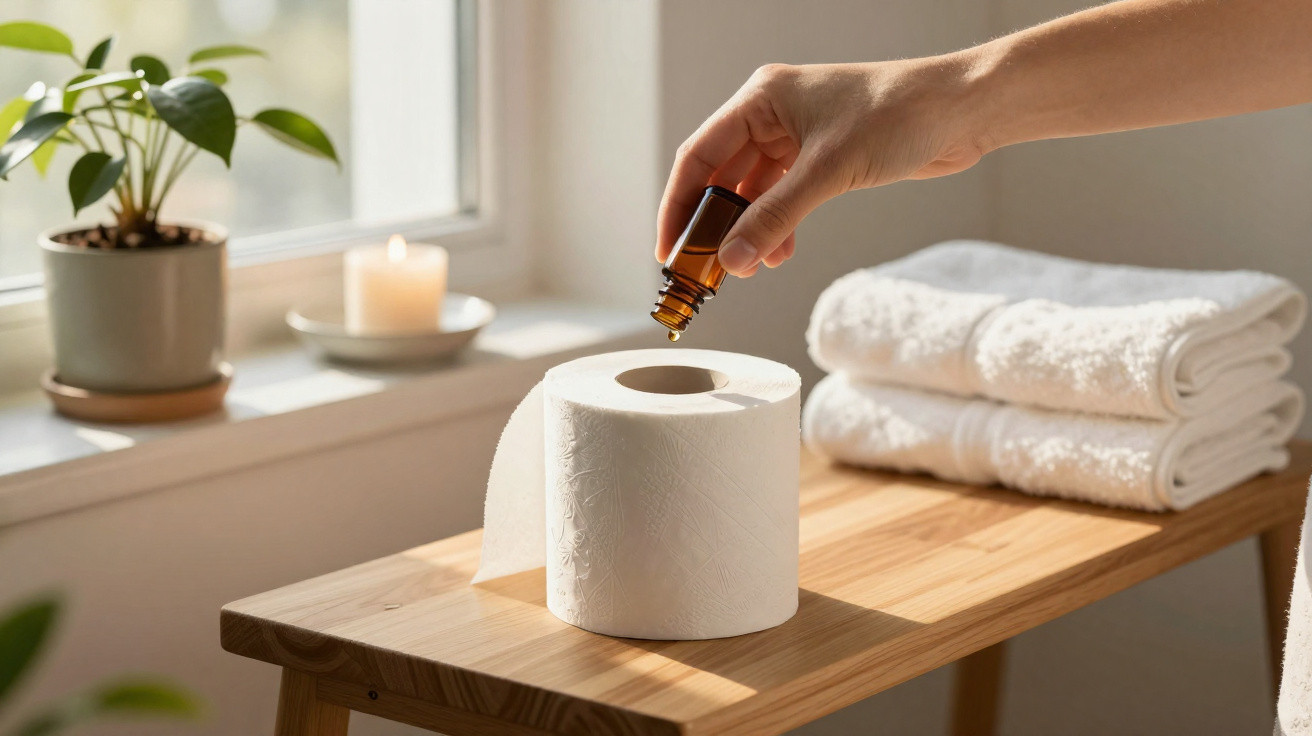 Pessoa aplicando óleo essencial em um rolo de papel higiênico em ambiente iluminado e relaxante.