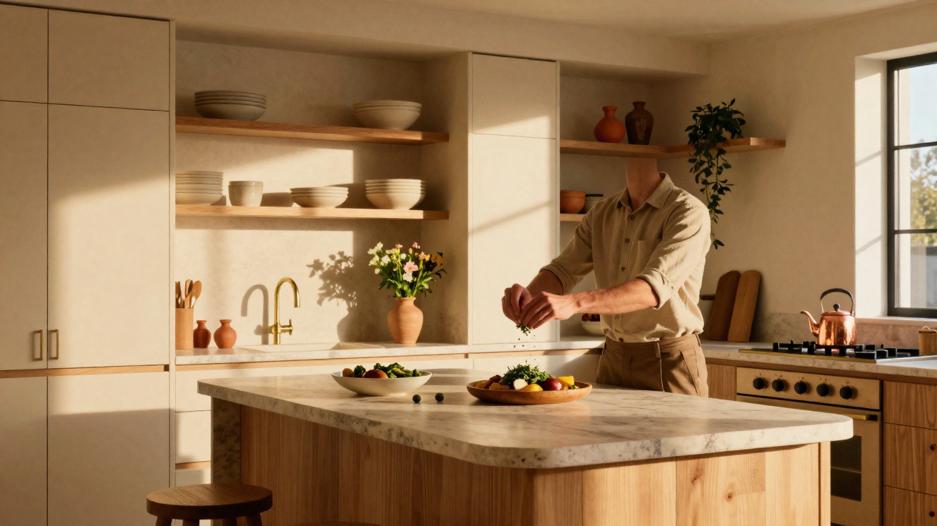 Pessoa temperando comida em ilha de cozinha moderna com decoração minimalista e iluminação natural.