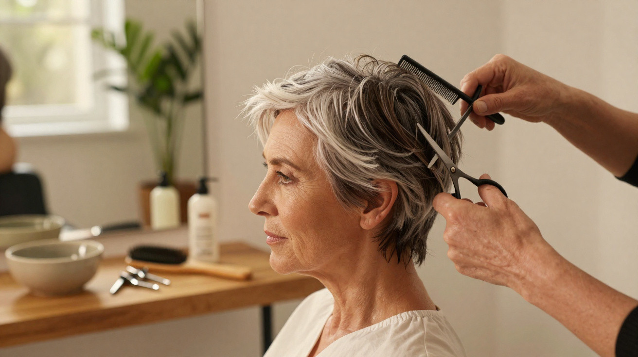 Mulher de cabelos grisalhos cortando o cabelo curto em salão com ambiente iluminado e tranquilo.