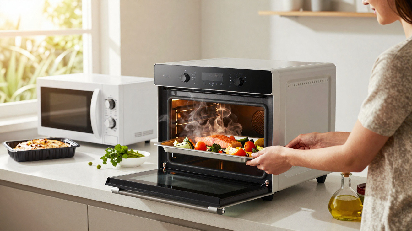 Pessoa retirando assadeira com legumes e salmão recém-assados de forno elétrico em cozinha iluminada.