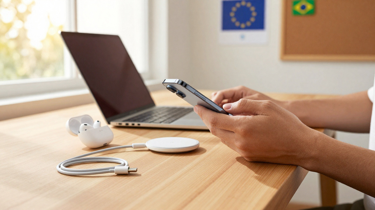 Pessoa usando smartphone em mesa com laptop, fones de ouvido sem fio e carregador wireless.