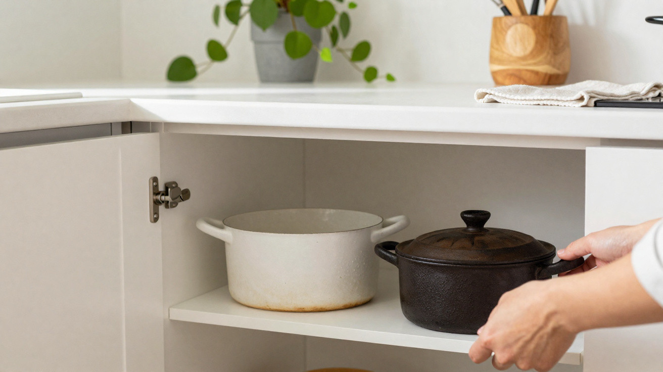 Pessoa guardando panela preta em armário branco de cozinha com panela branca e planta ao fundo