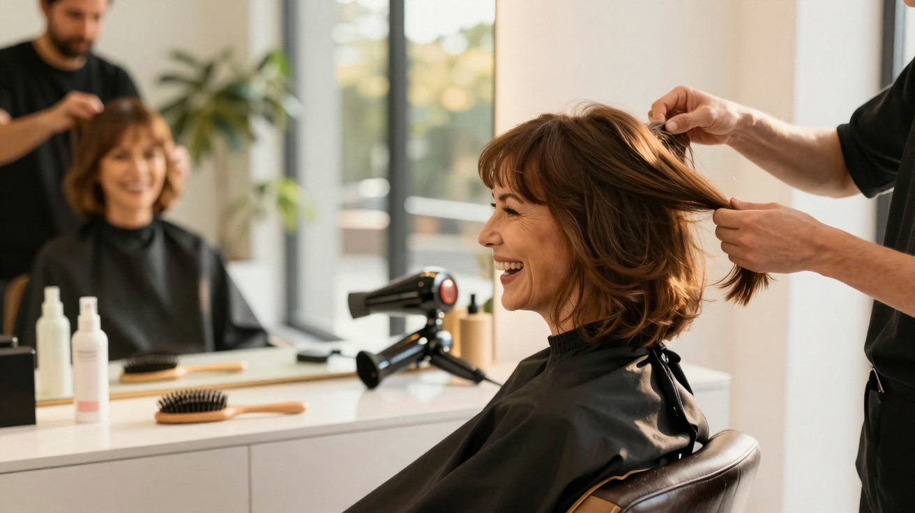 Mulher sorridente sentada em salão de beleza enquanto cabeleireiro arruma seu cabelo curto castanho.
