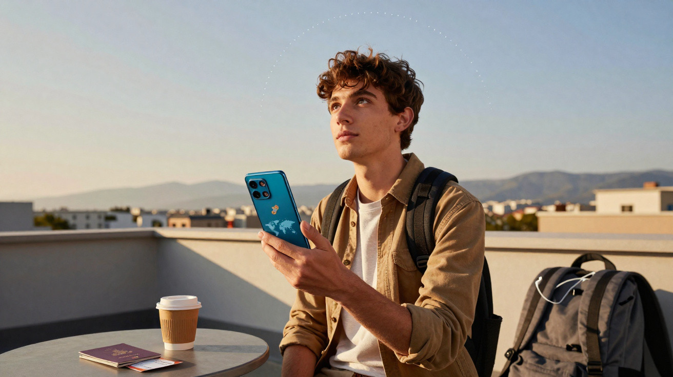 Jovem sentado em área externa com mochila, segurando celular azul e olhando para cima, mesa com copo e documentos.
