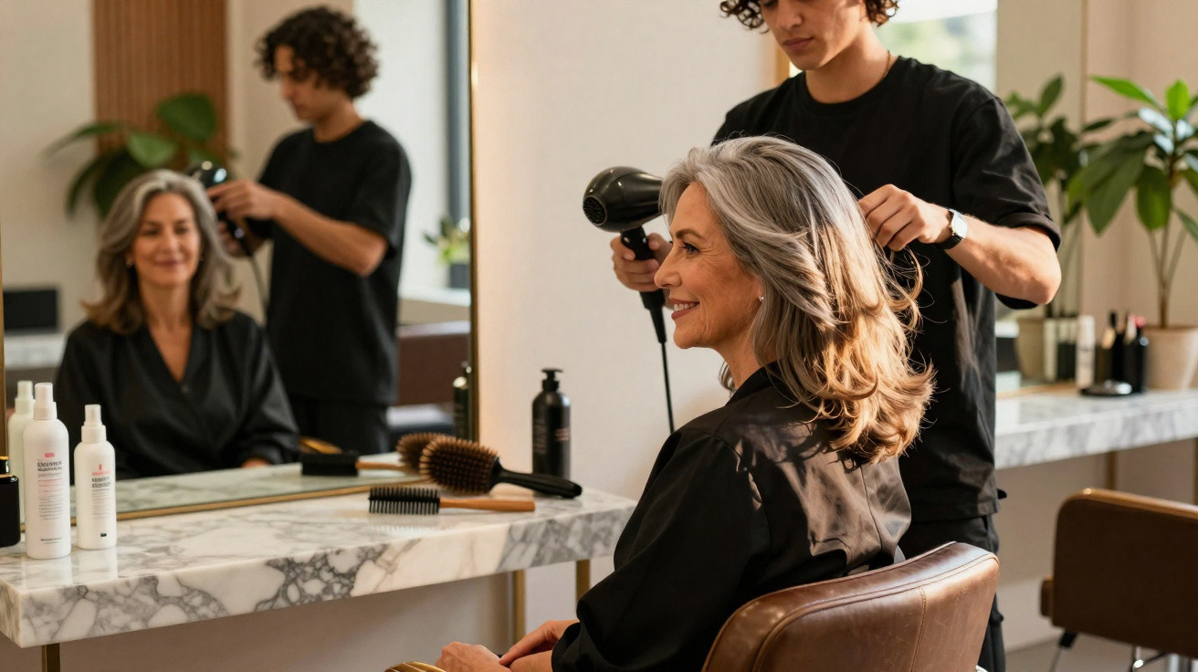 Mulher idosa sorridente recebe cabelo seco em salão moderno por cabeleireiro jovem.