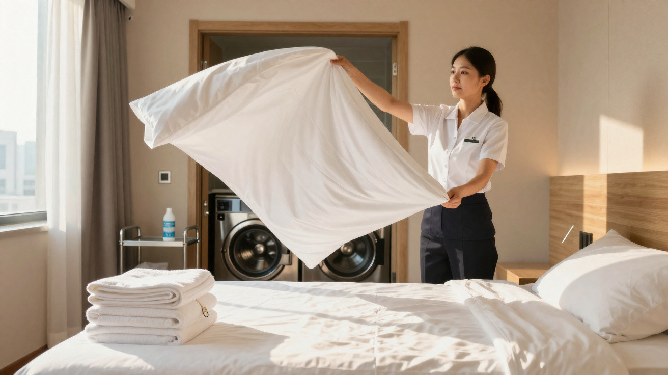 Funcionária arruma a cama em quarto iluminado com máquina de lavar ao fundo.