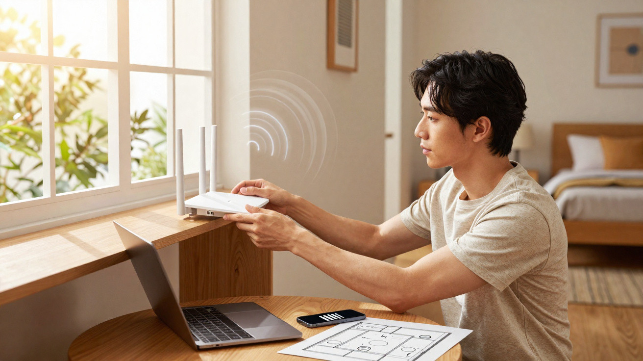 Homem ajusta roteador Wi-Fi perto de laptop e celular em mesa com planta ao fundo.