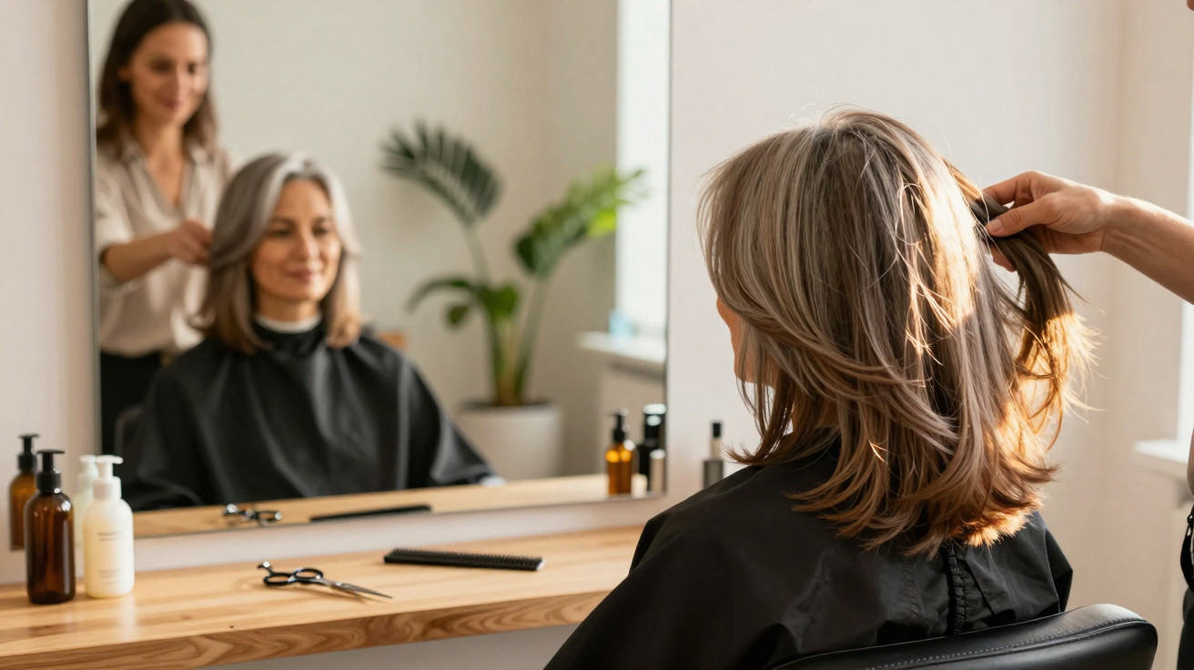 Mulher loira olhando cabelo no espelho enquanto cabeleireira prepara corte em salão.