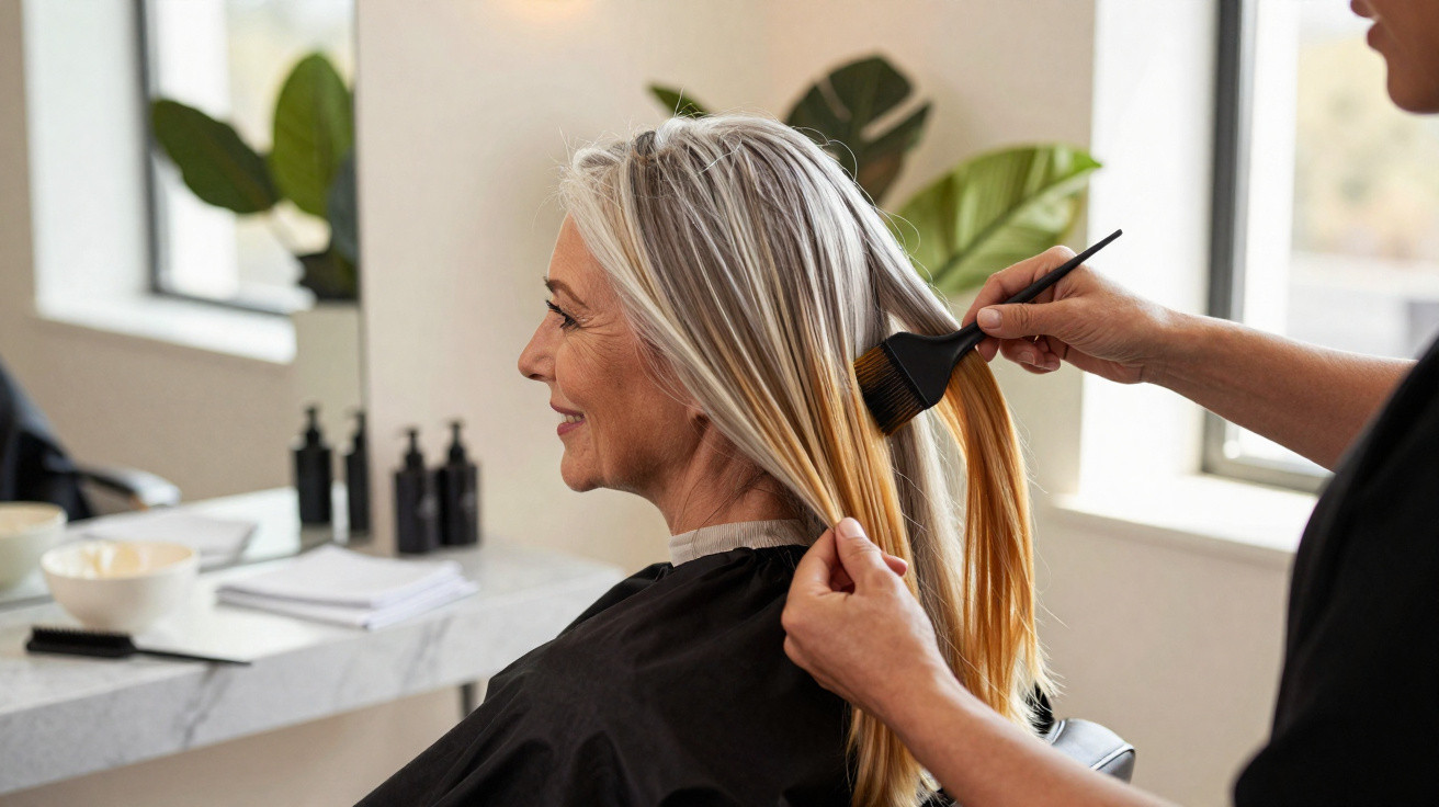 Mulher sorrindo enquanto recebe tratamento de coloração no cabelo em salão de beleza moderno.