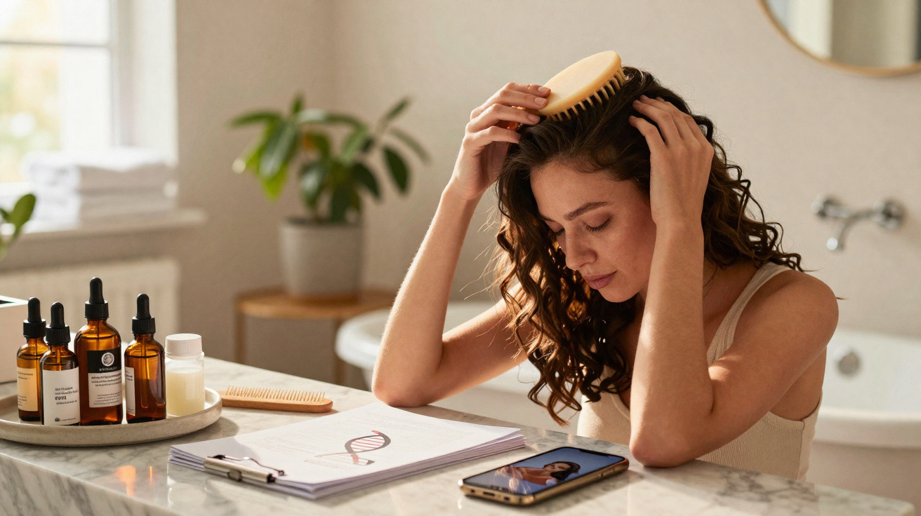 Mulher penteando cabelo com escova em mesa com livros, celular e frascos de cosméticos em ambiente claro.