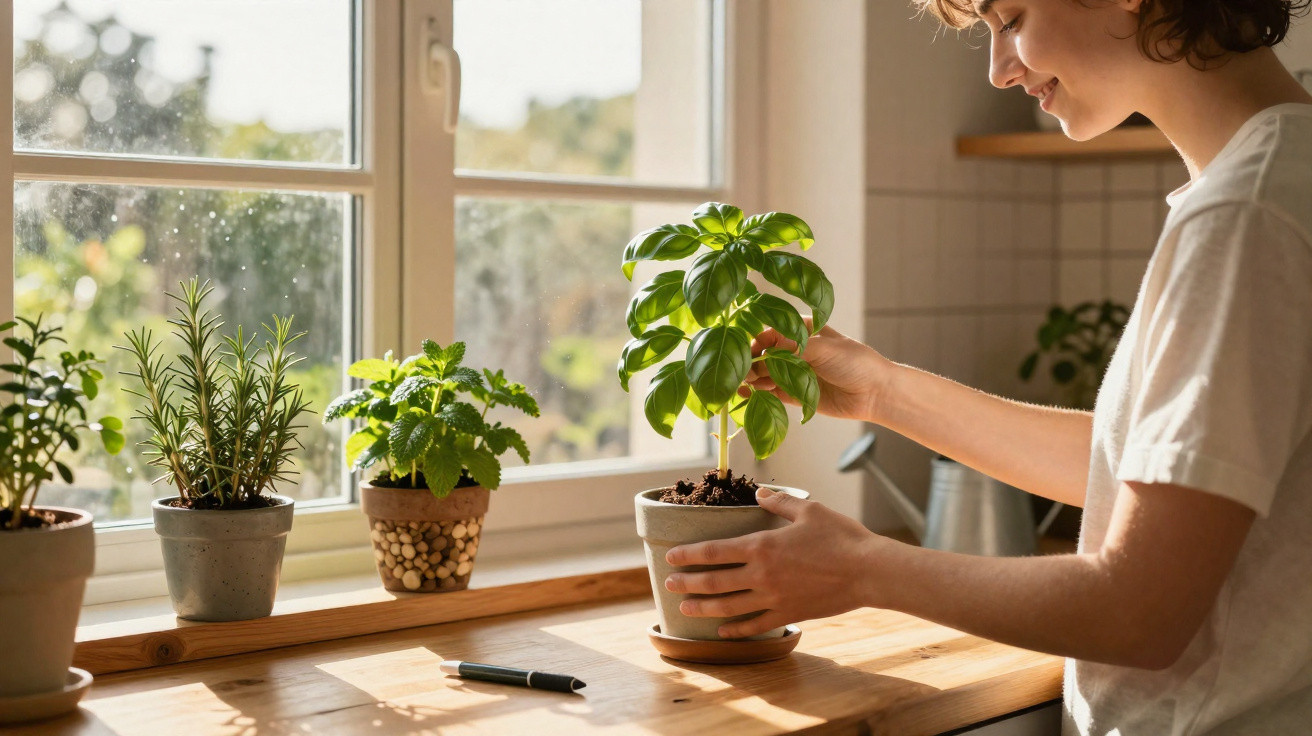 Pessoa cuidando de plantas em vasos perto de janela com luz natural em ambiente interno.