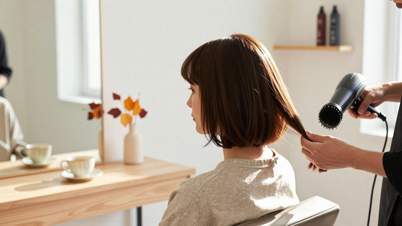 Mulher sentada em salão recebendo escova em cabelo curto enquanto é secado com secador preto.