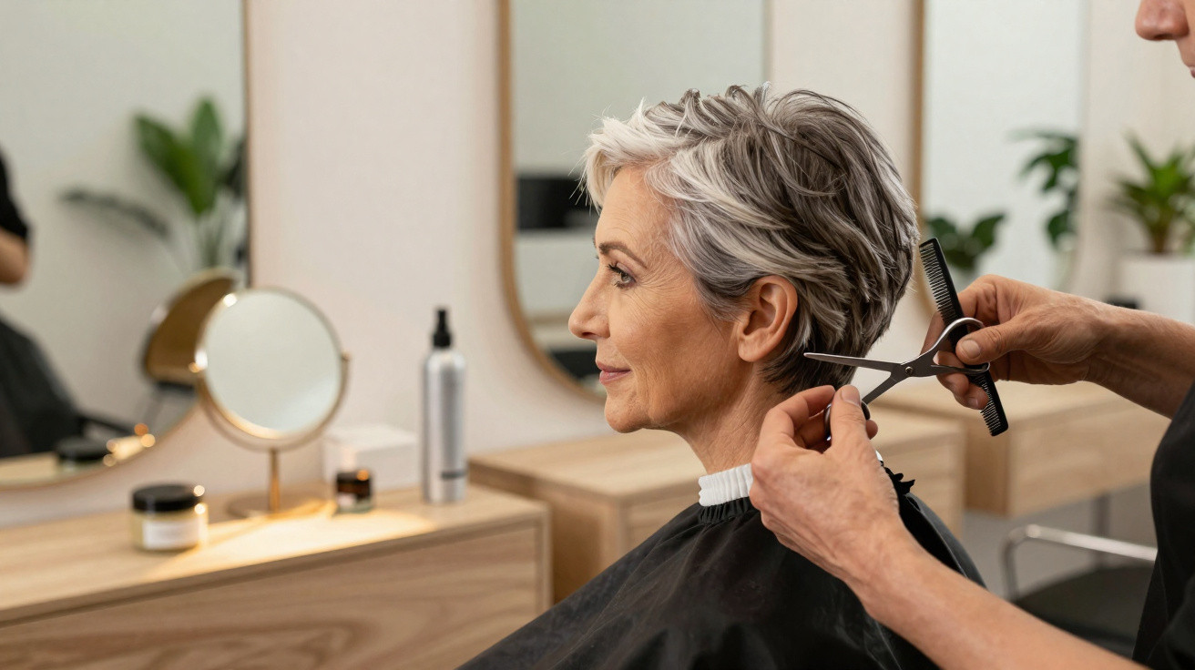 Mulher de cabelos grisalhos recebendo corte de cabelo em salão de beleza moderno.